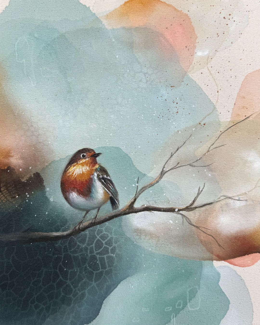 Painting of a bird perched on a branch with a soft, multicolored background