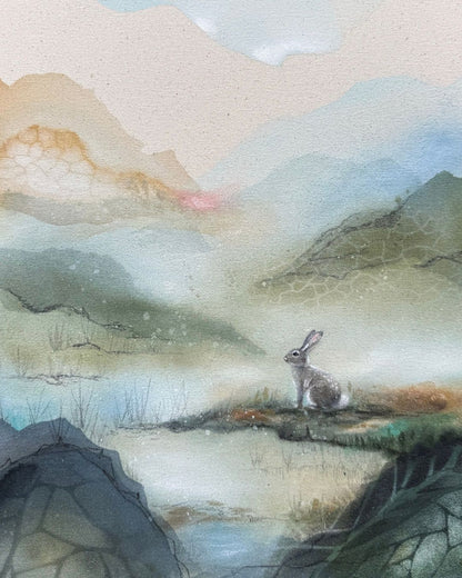Artistic depiction of a rabbit in a mountainous landscape with soft, pastel colors.