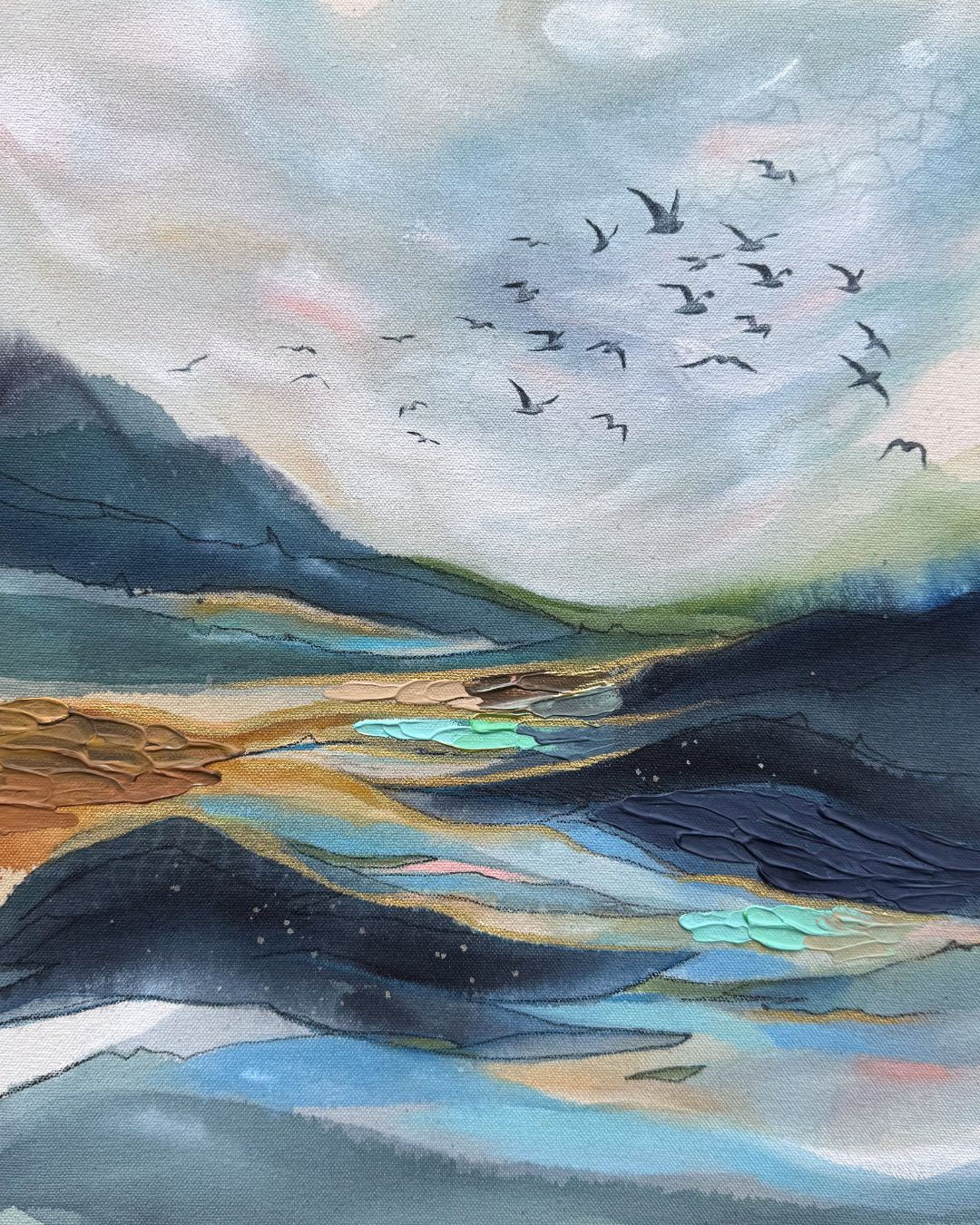 Artistic depiction of mountains and birds in a watercolor style